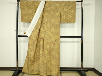 平和屋着物▽上質な紬　単衣　麻の葉文様　正絹　逸品　DABI4819sf