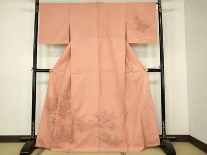 平和屋着物▽訪問着　単衣　紬地　手描き　草花文　正絹　逸品　DABI4823sf