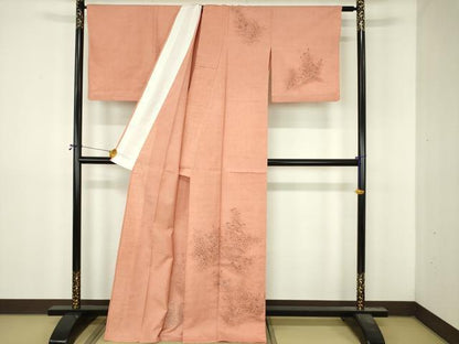 平和屋着物▽訪問着　単衣　紬地　手描き　草花文　正絹　逸品　DABI4823sf