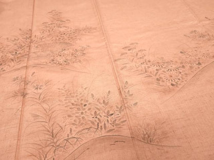 平和屋着物▽訪問着　単衣　紬地　手描き　草花文　正絹　逸品　DABI4823sf