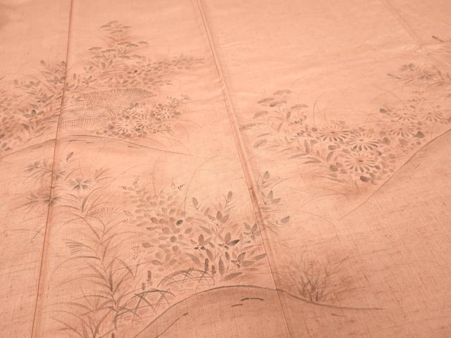 平和屋着物▽訪問着　単衣　紬地　手描き　草花文　正絹　逸品　DABI4823sf