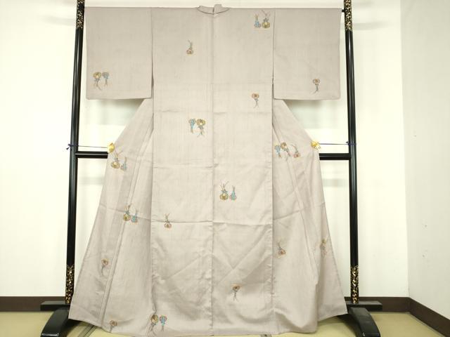 平和屋着物▽上質な小紋　単衣　生紬　草花文　正絹　逸品　DABI4824sf