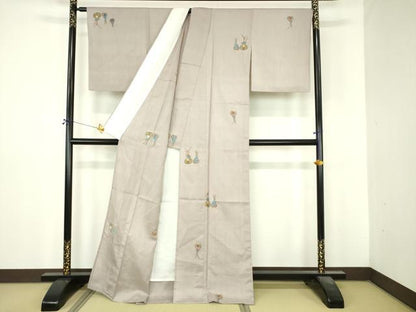 平和屋着物▽上質な小紋　単衣　生紬　草花文　正絹　逸品　DABI4824sf