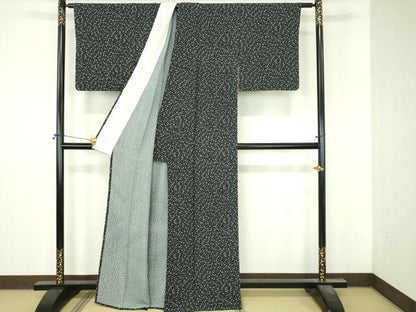 平和屋着物▽上質な小紋　単衣　文字文　黒地　正絹　逸品　DABI4826sf