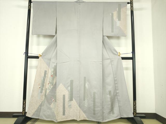 平和屋着物▽訪問着　単衣　刺繍　枝花文　銀彩　正絹　逸品　DABI4830sf