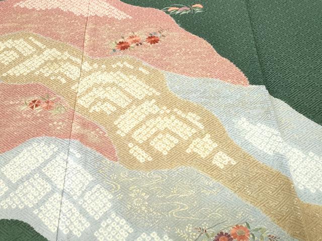 平和屋着物▽訪問着　単衣　絞り　刺繍　流水草花文　金彩　正絹　逸品　DABI4831sf