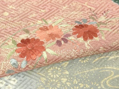 平和屋着物▽訪問着　単衣　絞り　刺繍　流水草花文　金彩　正絹　逸品　DABI4831sf