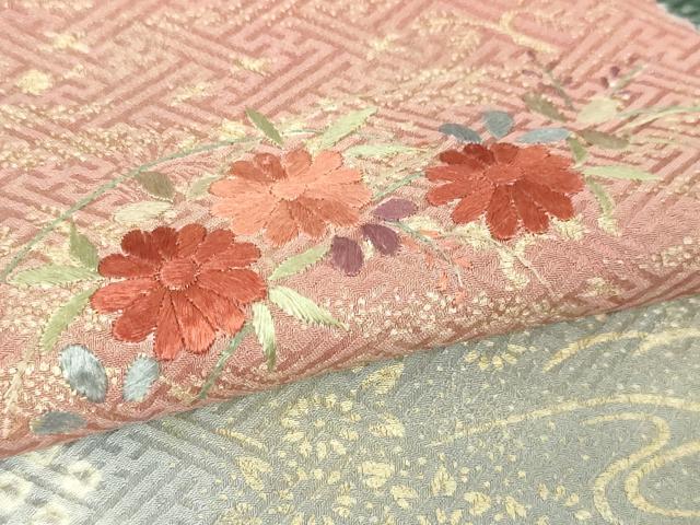 平和屋着物▽訪問着　単衣　絞り　刺繍　流水草花文　金彩　正絹　逸品　DABI4831sf