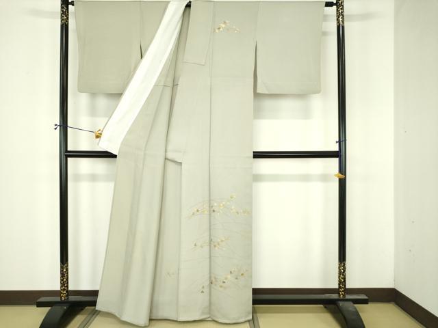平和屋着物▽訪問着　単衣　竹屋町刺繍　枝葉文　金彩　正絹　逸品　DABI4834sf