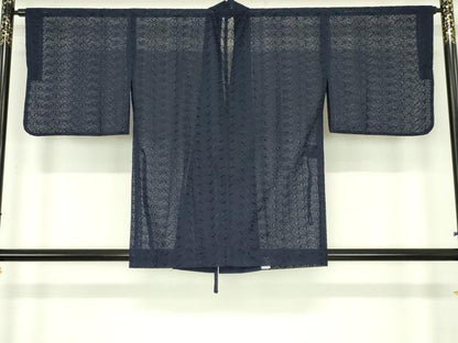 平和屋着物▽道中着　スリーシーズン　春夏秋　塵除け　総レース　舞葉文　濃藍色　交織　逸品　DABI4836sf