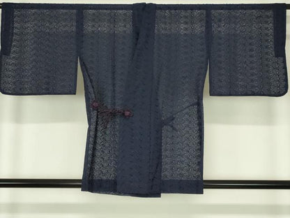 平和屋着物▽道中着　スリーシーズン　春夏秋　塵除け　総レース　舞葉文　濃藍色　交織　逸品　DABI4836sf