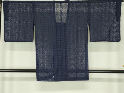 平和屋着物▽道行コート　スリーシーズン　春夏秋　塵除け　総レース　葡萄唐草文　濃藍色　交織　逸品　DABI4837sf