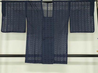 平和屋着物▽道行コート　スリーシーズン　春夏秋　塵除け　総レース　葡萄唐草文　濃藍色　交織　逸品　DABI4837sf