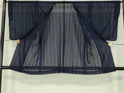 平和屋着物▽道行コート　スリーシーズン　春夏秋　塵除け　総レース　葡萄唐草文　濃藍色　交織　逸品　DABI4837sf