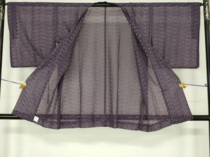 平和屋着物▽道行コート　スリーシーズン　春夏秋　塵除け　総レース　舞蝶文　濃鼠色　交織　逸品　DABI4838sf