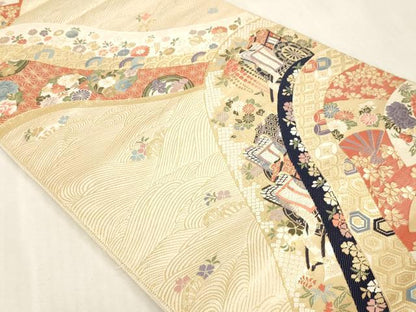 平和屋本店▼西陣　森本織物謹製　六通柄袋帯　九百錦　青海扇花文　24ｋ純金箔　証紙付き　正絹　逸品　DABI4845sf