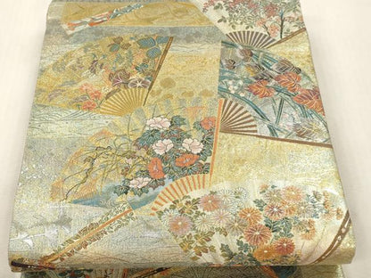平和屋本店▼西陣　あさぎ　両面全通全景柄袋帯　琳派三十六華扇　24金プラチナ二重箔　正絹　逸品　DABI4855sf