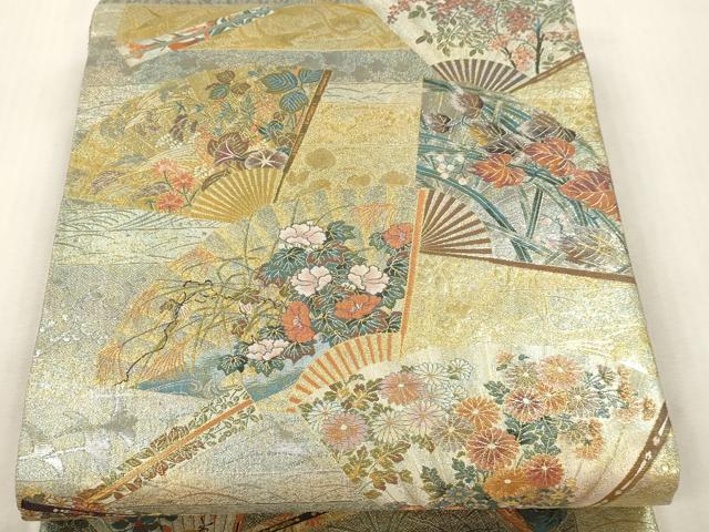 平和屋本店▼西陣　あさぎ　両面全通全景柄袋帯　琳派三十六華扇　24金プラチナ二重箔　正絹　逸品　DABI4855sf