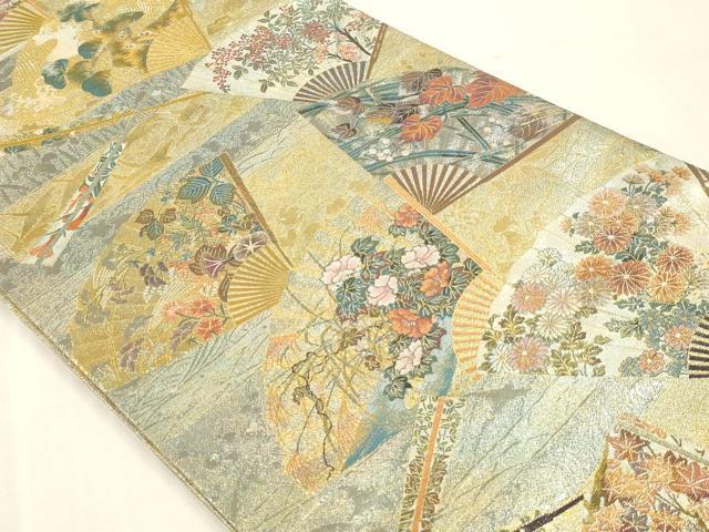 平和屋本店▼西陣　あさぎ　両面全通全景柄袋帯　琳派三十六華扇　24金プラチナ二重箔　正絹　逸品　DABI4855sf
