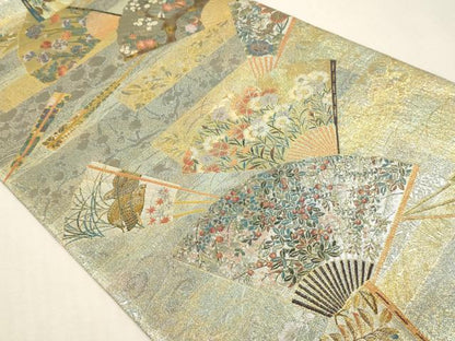 平和屋本店▼西陣　あさぎ　両面全通全景柄袋帯　琳派三十六華扇　24金プラチナ二重箔　正絹　逸品　DABI4855sf