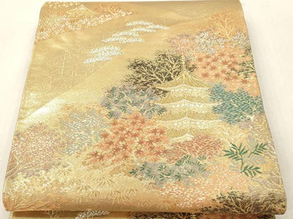 平和屋本店▼佐賀錦　六通柄袋帯　風景草花文　本金二重箔　正絹　逸品　DABI4860sf