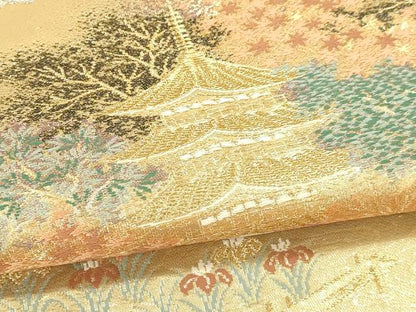 平和屋本店▼佐賀錦　六通柄袋帯　風景草花文　本金二重箔　正絹　逸品　DABI4860sf