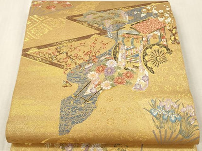 平和屋本店●西陣　長嶋成織物　六通柄袋帯　屏風御草文　本金箔　瀞金錦　正絹　逸品　DABI4861sf