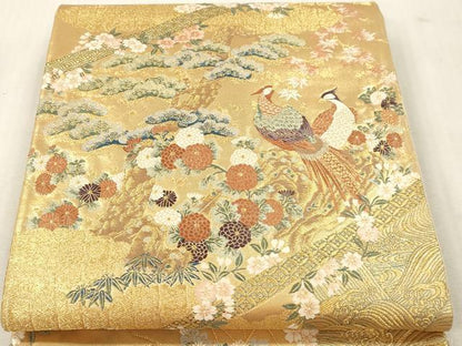 平和屋本店▼六通柄袋帯　桃山草花鳥　本金箔　正絹　逸品　DABI4867sf