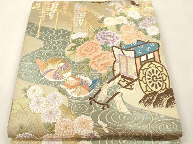平和屋本店▼六通柄袋帯　唐織　御所車花文　本金箔　正絹　逸品　DABI4875sf