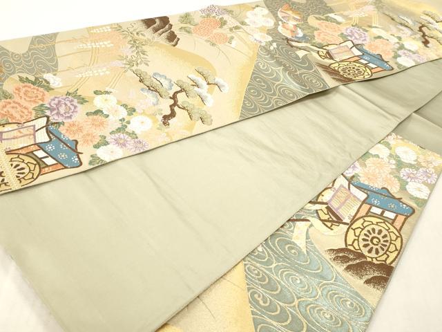平和屋本店▼六通柄袋帯　唐織　御所車花文　本金箔　正絹　逸品　DABI4875sf