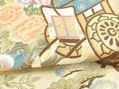 平和屋本店▼六通柄袋帯　唐織　御所車花文　本金箔　正絹　逸品　DABI4875sf