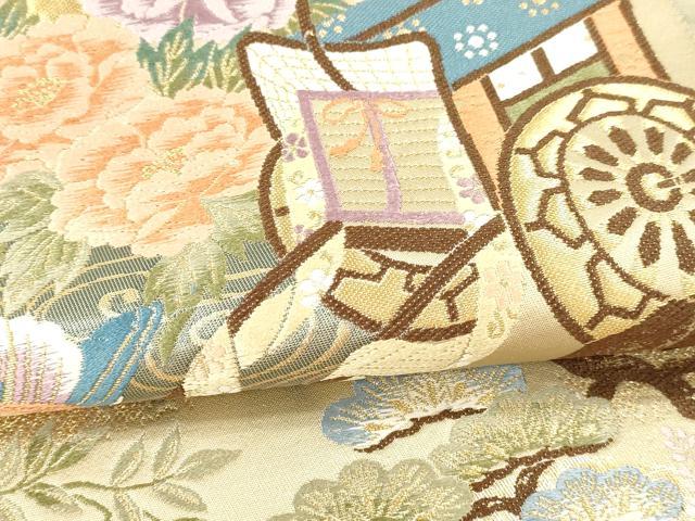 平和屋本店▼六通柄袋帯　唐織　御所車花文　本金箔　正絹　逸品　DABI4875sf