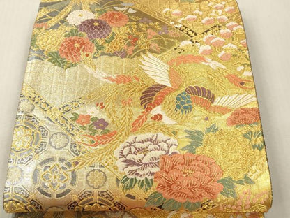 平和屋本店▼六通柄袋帯　孔雀花文　全通箔両面織　本金箔　正絹　逸品　DABI4876sf