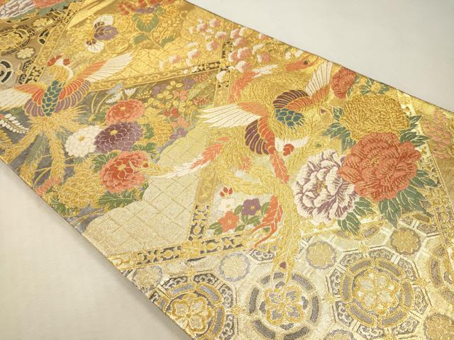 平和屋本店▼六通柄袋帯　孔雀花文　全通箔両面織　本金箔　正絹　逸品　DABI4876sf