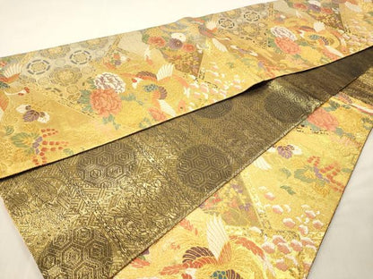 平和屋本店▼六通柄袋帯　孔雀花文　全通箔両面織　本金箔　正絹　逸品　DABI4876sf