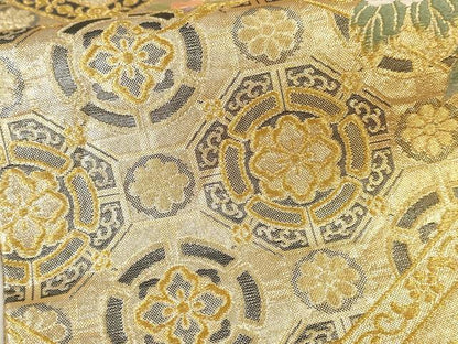平和屋本店▼六通柄袋帯　孔雀花文　全通箔両面織　本金箔　正絹　逸品　DABI4876sf