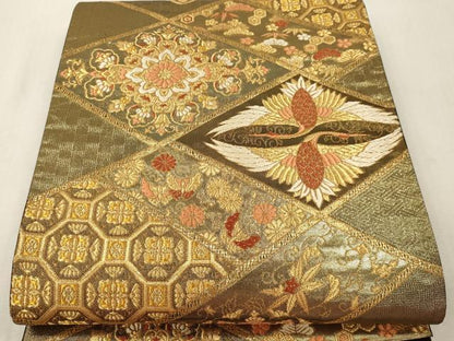 平和屋本店▼六通柄袋帯　双鶴正倉院花文　本金　正絹　逸品　DABI4877sf