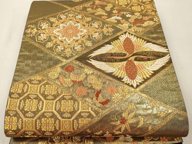 平和屋本店▼六通柄袋帯　双鶴正倉院花文　本金　正絹　逸品　DABI4877sf
