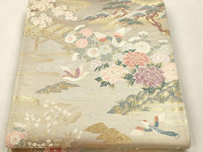 平和屋本店▼六通柄袋帯　景色花鳥文　本金二重箔　正絹　逸品　DABI4880sf