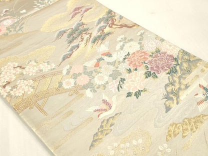 平和屋本店▼六通柄袋帯　景色花鳥文　本金二重箔　正絹　逸品　DABI4880sf