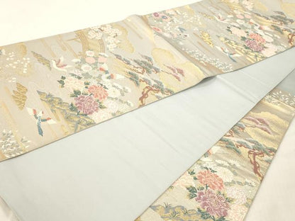 平和屋本店▼六通柄袋帯　景色花鳥文　本金二重箔　正絹　逸品　DABI4880sf
