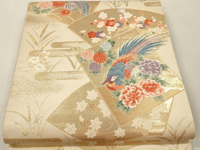 平和屋本店▼六通柄袋帯　唐織　色紙孔雀花文　本金箔　正絹　逸品　DABI4881sf