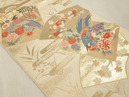 平和屋本店▼六通柄袋帯　唐織　色紙孔雀花文　本金箔　正絹　逸品　DABI4881sf