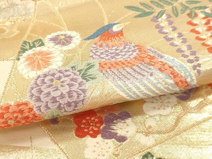 平和屋本店▼六通柄袋帯　唐織　色紙孔雀花文　本金箔　正絹　逸品　DABI4881sf