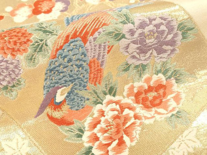 平和屋本店▼六通柄袋帯　唐織　色紙孔雀花文　本金箔　正絹　逸品　DABI4881sf