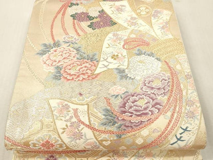 平和屋本店▼六通柄袋帯　扇取熨斗文　本金二重箔　正絹　逸品　DABI4882sf