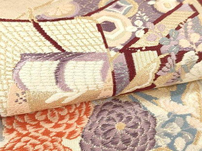 平和屋本店▼六通柄袋帯　御所車花文　弐拾四金二重織　正絹　逸品　DABI4887sf