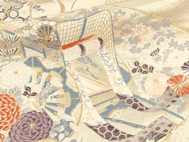 平和屋本店▼六通柄袋帯　御所車花文　弐拾四金二重織　正絹　逸品　DABI4887sf