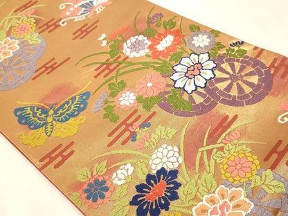 平和屋本店▼六通柄袋帯　唐織　本草木染　花車文　本金箔　正絹　逸品　DABI4889sf