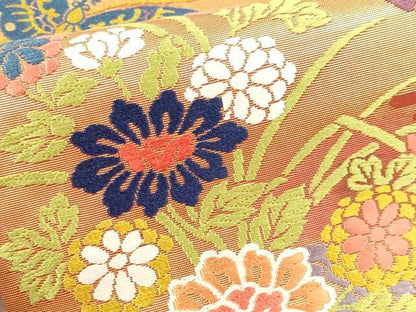 平和屋本店▼六通柄袋帯　唐織　本草木染　花車文　本金箔　正絹　逸品　DABI4889sf